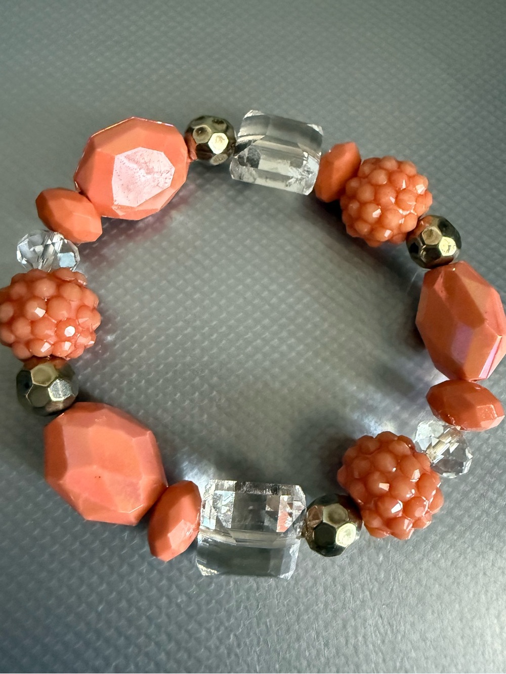 Coral Beaded Stretch Bracelet with Crystal Accents
